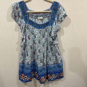 Doe and Rae Blue Paisley Floral Smocked Square Neck Flutter Sleeve Top 1XL